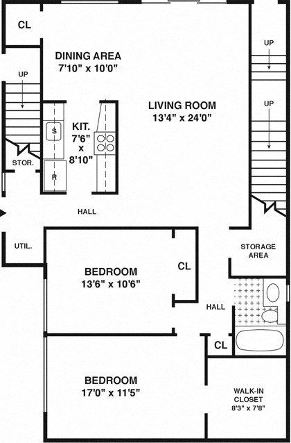 Floor plan for 2 beds, 1 bath, 1212 sqft